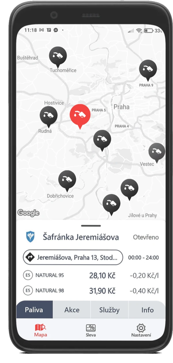 Aplikace uniPAY – mapa čerpacích stanic s cenami paliv